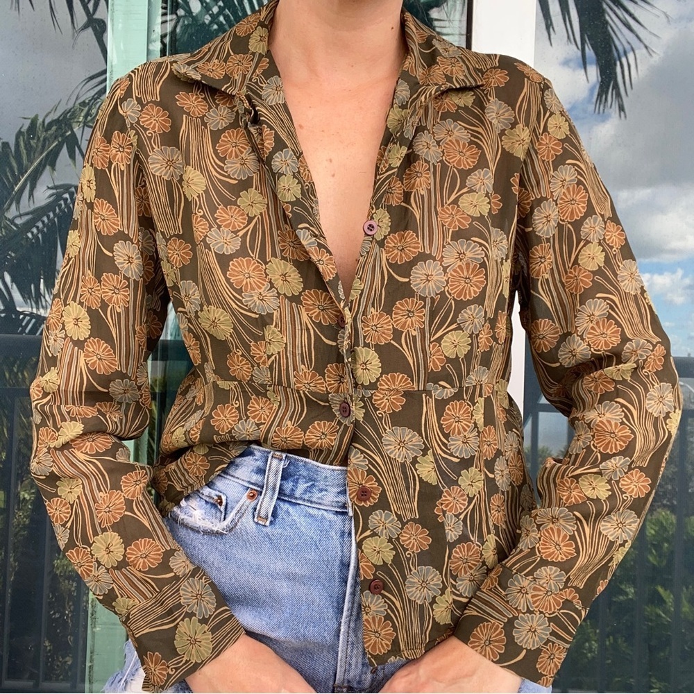 Liz Claiborne Y2k Does 70s Brown Floral Button Top 10